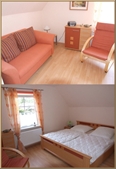 Schlafzimmer mit Doppelbett und Sitzecke